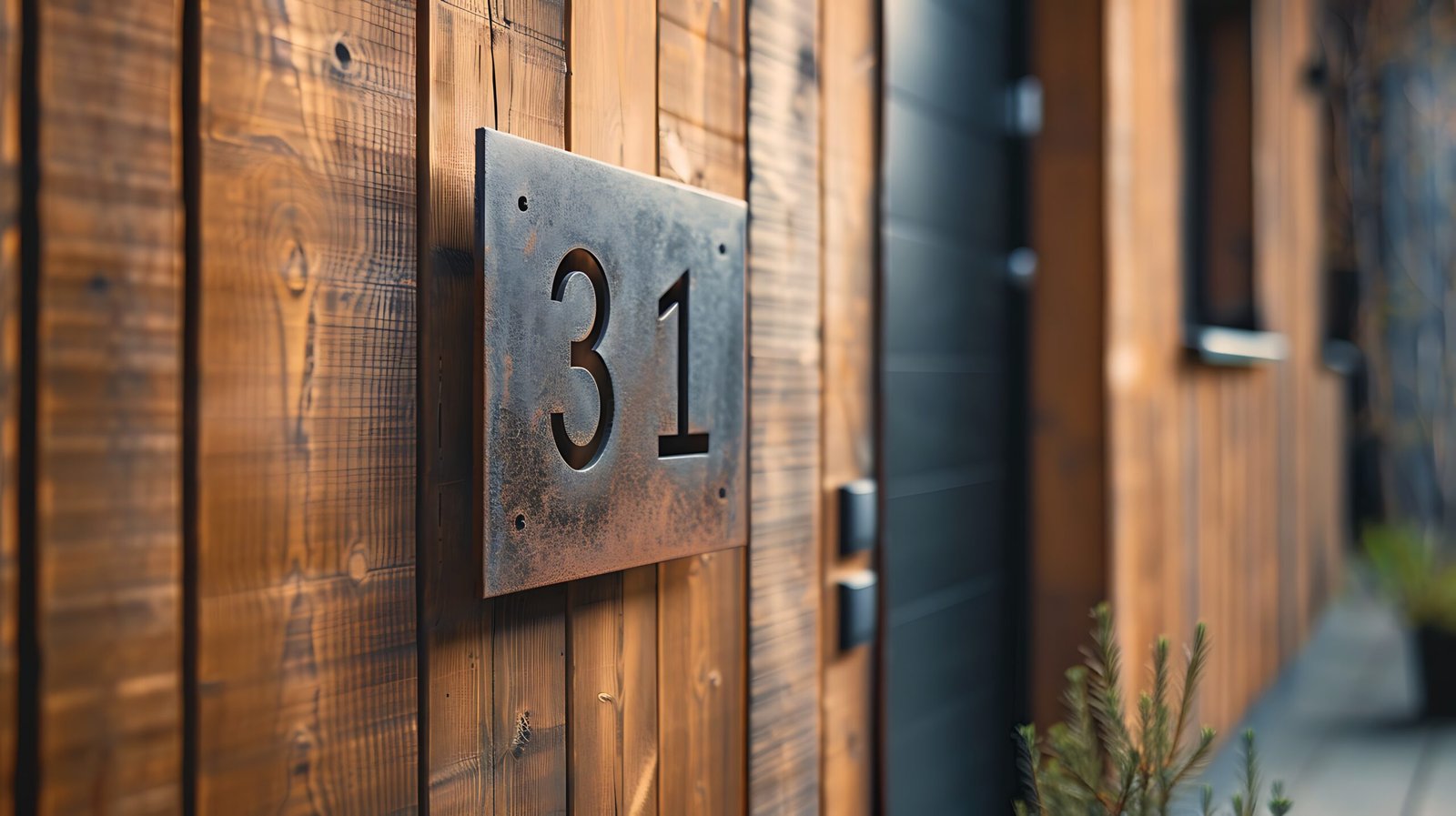 arafed wooden door with a number on it and a plant in front