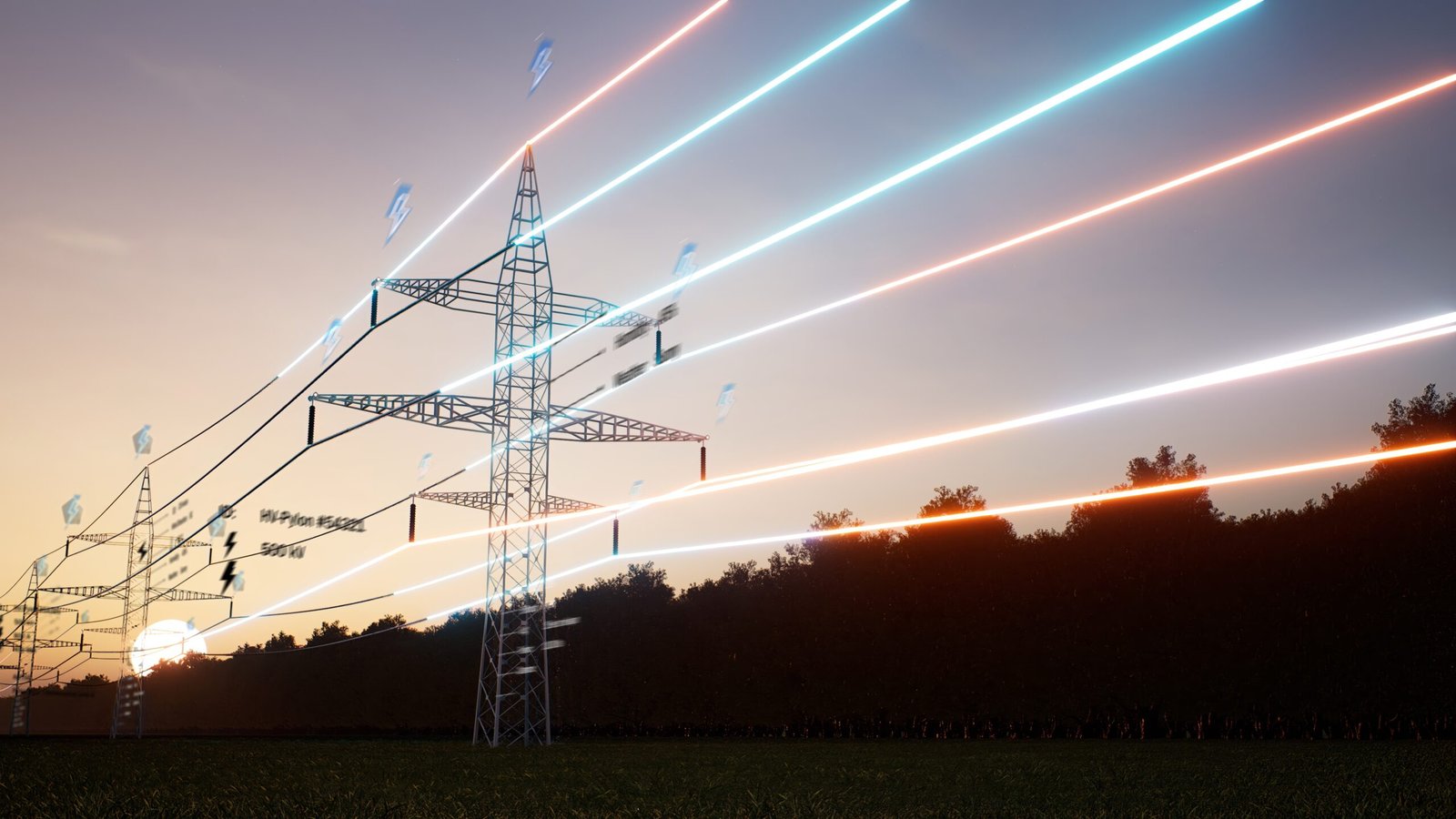 AR data of energy travelling through transfer lines over sunset horizon sky