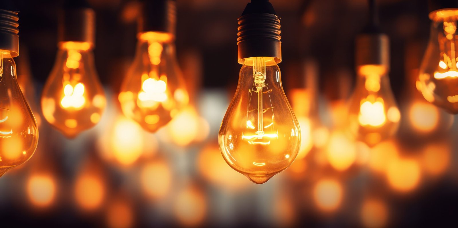 Warm filament bulbs cast a cozy, amber glow in a dimly lit room.