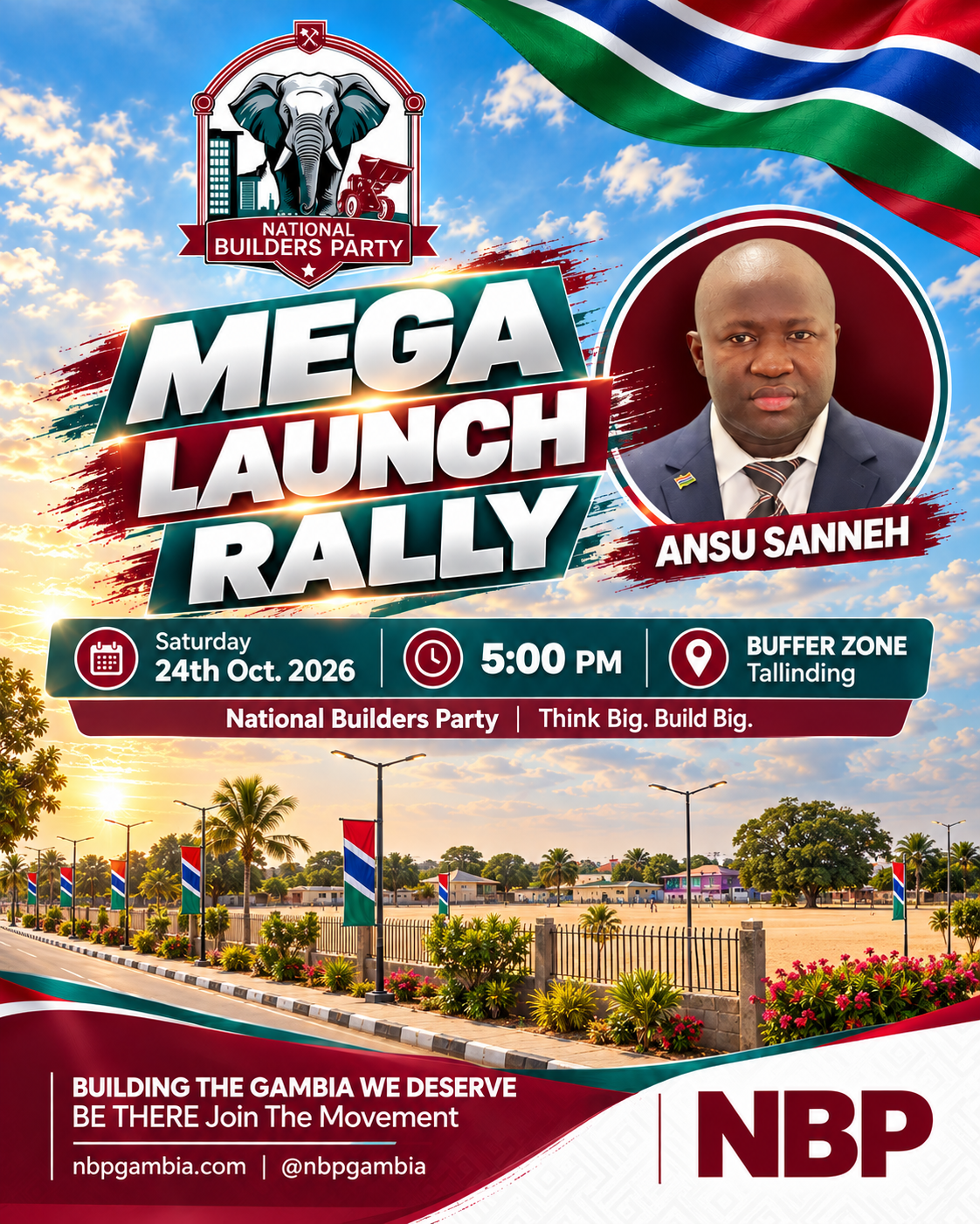 National Builders Party Mega Launch Rally with Ansu Sanneh, Saturday October 24, 2026, 5:00 PM at Buffer Zone, Tallinding
